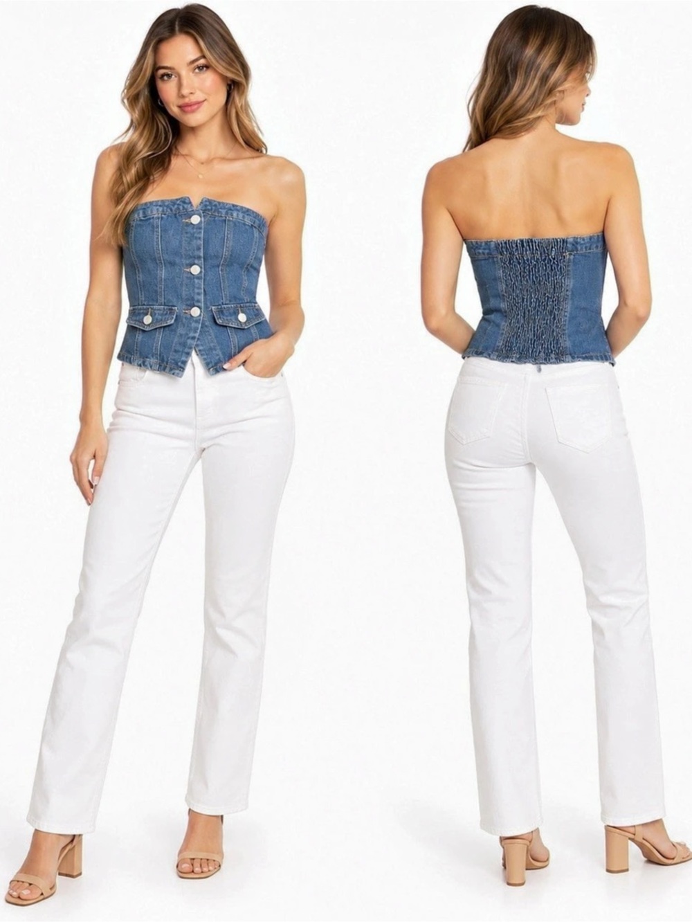 Emerson Lang Strapless Denim Corset Bustier Button Front Top Small